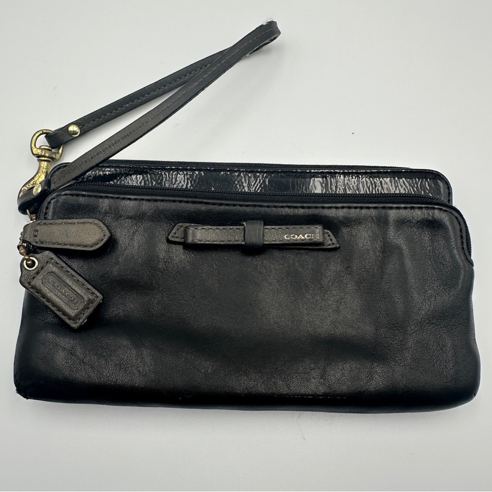 Coach Black Leather Wristlet Wallet With Patent Leather Accent And Bow Detail